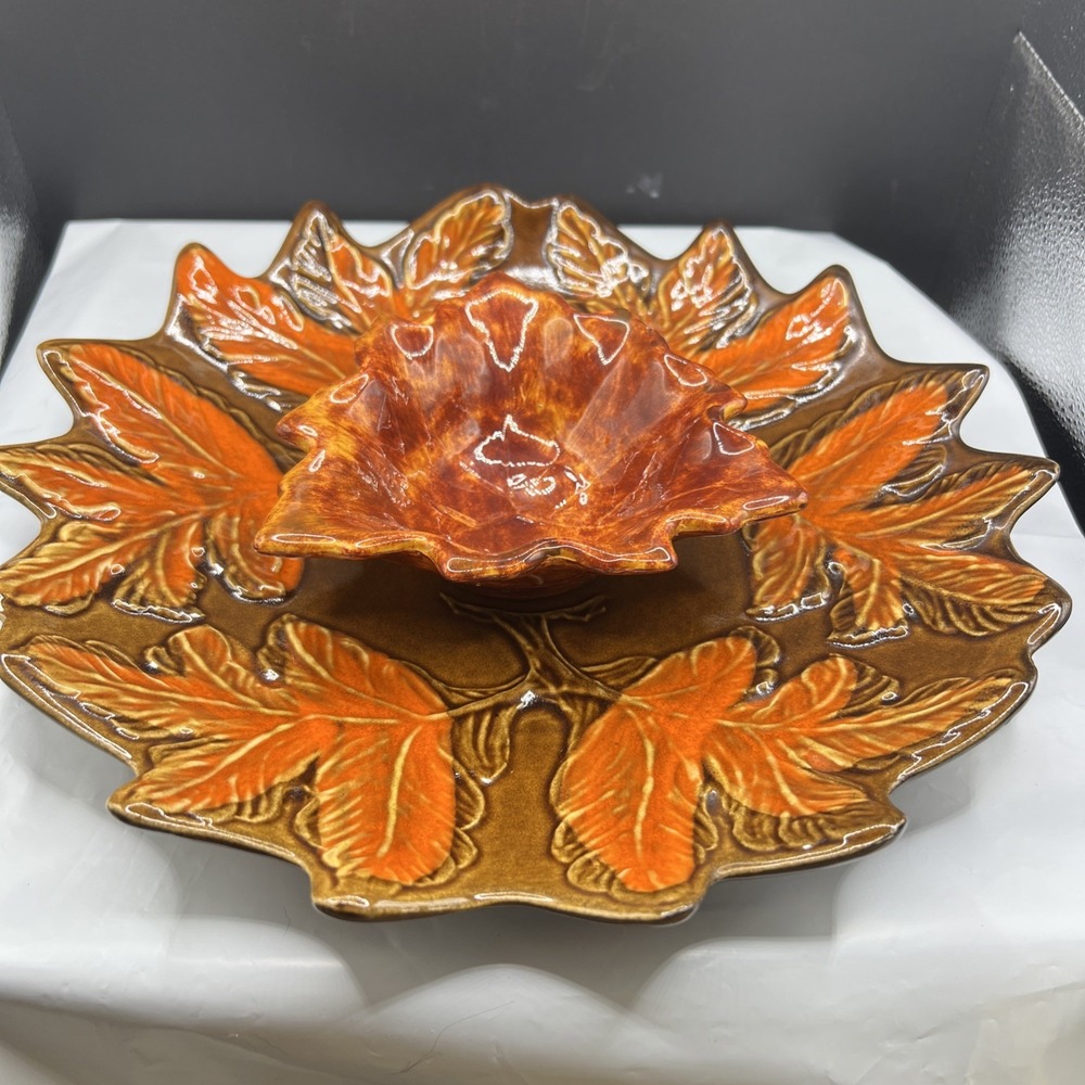 Vintage 1960s California Originals Pottery Leaf Chip Dip Set 373 Autumn Serving
